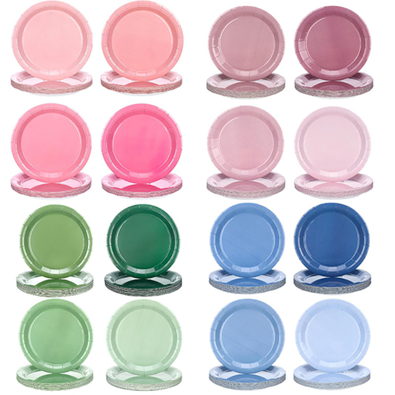 Solid Color Series Paper Tray Gradient Cake Plate Dim Sum Plate Birthday Party Tableware Paper Tray suit Wholesale Factory