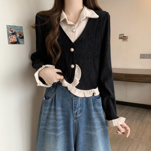 Design-sensitive corduroy long-sleeved women's shirt autumn winter plus size thick-fitting slimming short-length two-piece Maillard top