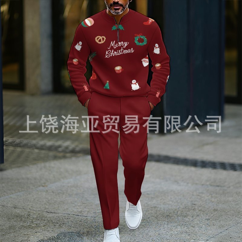 2025欧美跨境外贸秋冬热卖新款男士圣诞节数码打印套装男卫衣两件|undefined