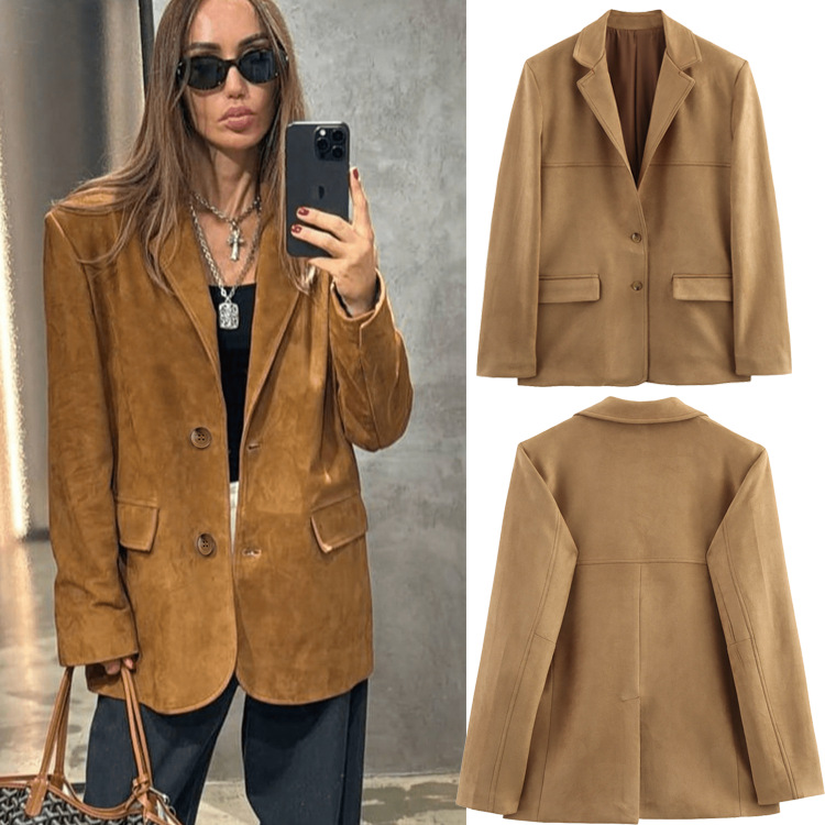 Cross-Border Foreign Trade New European and American Style Women's Retro Brown Loose Pocket Long-Sleeve Blazer