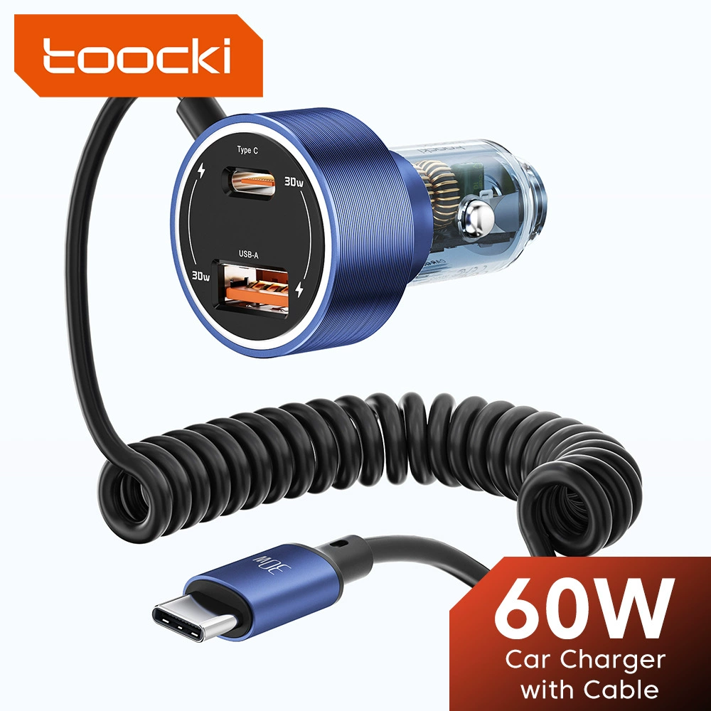 Автомобильное зарядное устройство Toocki 60W в прозрачном корпусе, тянущаяся пружина, зарядное устройство для Samsung и Huawei