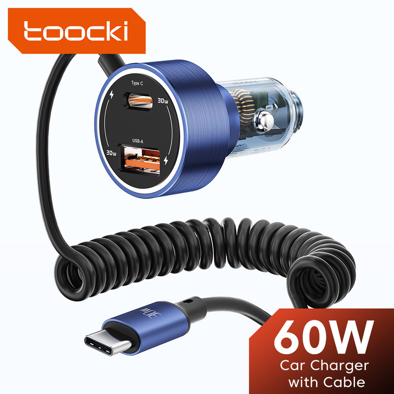Tucci Toocki 60W Car Charger Transparent Shell Stretch Spring Cable Car Charger Suitable for Samsung Huawei