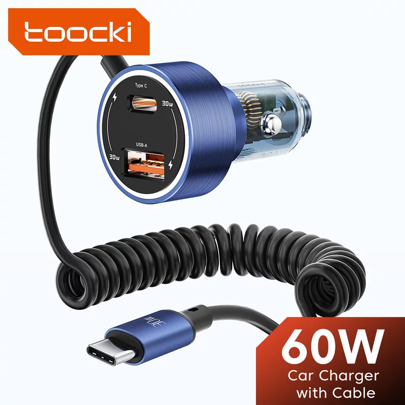Автомобильное зарядное устройство Toocki 60W в прозрачном корпусе, тянущаяся пружина, зарядное устройство для Samsung и Huawei