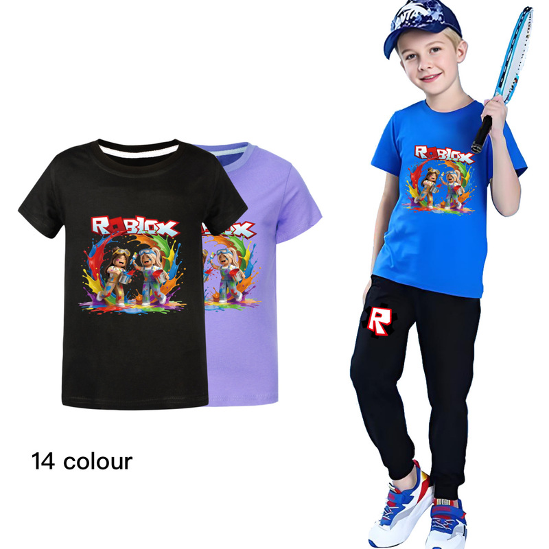 Roblox Summer Short-Sleeved T-Shirt and Long Pants Set for Older Children 5577 Roblox Summer Short-Sleeved T-Shirt and Long Pants Set for Older Children 5577