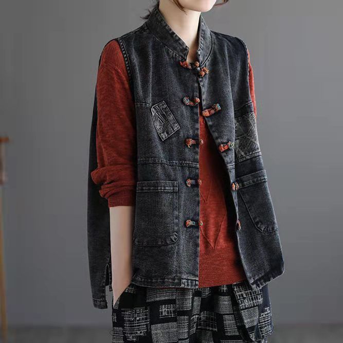 Artistic Retro Large-Size Ethnic Style Buttoned Denim Vest for Women, 2026 Spring and Summer Outerwear Casual Waistcoat