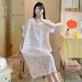 2026外单东南亚薄款新款睡衣裙子云朵棉圆领印花短袖中裙卡通女士