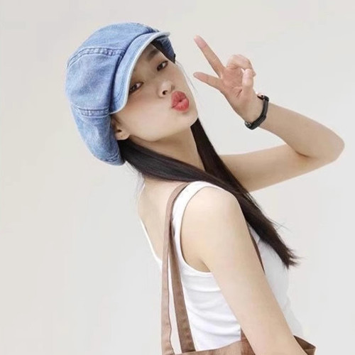 Cowboy beret female retro painter hat summer thin big head circumference octagonal hat summer face-showing small blue hat