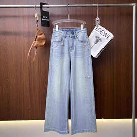 重工钉珠刺烫钻直筒牛仔裤经典蓝色日常通勤百搭小众精致通勤长裤