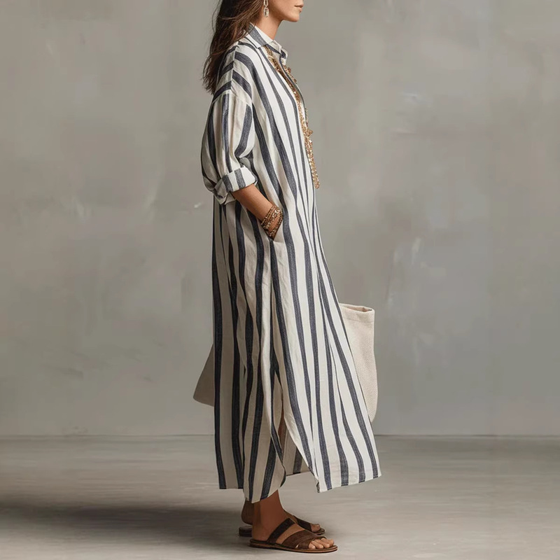 European and American Independent E-Commerce Sites Cross-Border New Fashion Summer Hot-Selling Striped Long Cardigan Dress for Women, Loose Fit European and American Independent E-Commerce Sites Cross-Border New Fashion Summer Hot-Selling Striped Long Cardigan Dress for Women, Loose Fit