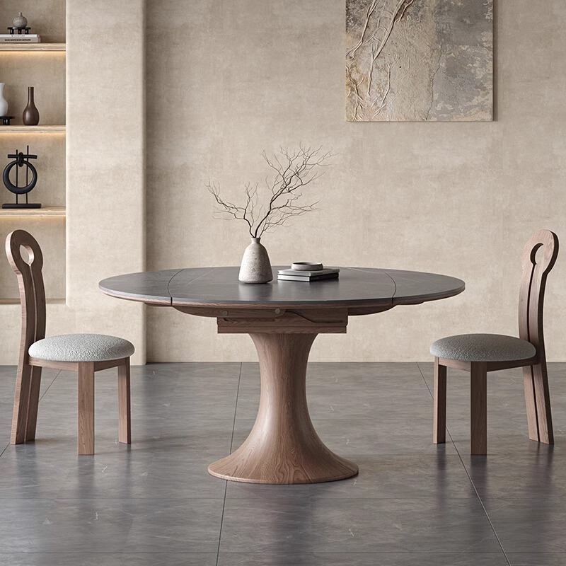 Foldable Round Solid Wood Slate Dining Table and Chair Combination for Home Small Apartment Wabi-Sabi Style Modern Simple Stretch Table