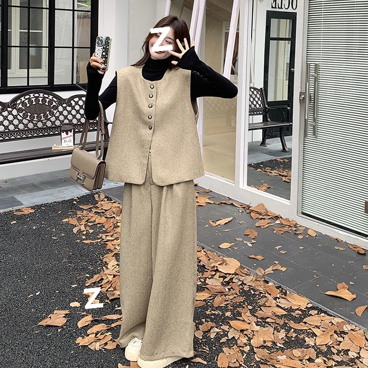 卡其色感马甲阔腿裤套装女秋季新款韩系小个子气质松弛两件套|undefined