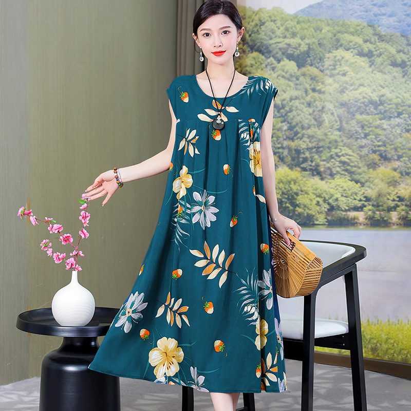 お母さんの綿のシルクのワンピースの半袖の中で老年の夏服の大きいサイズの婦人服は太ってゆったりしている人工綿のスカートの女性をプラスします。|undefined