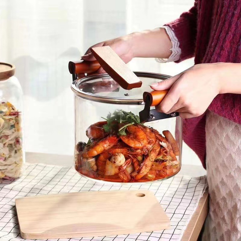 Olla de vidrio de doble oreja de gran capacidad con tapa al por mayor sopa de fideos instantáneos para el hogar olla de leche olla de cocina de vidrio de borosilicato