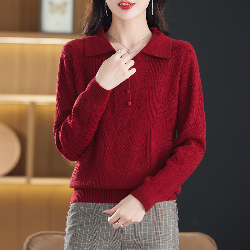 品牌高端女装精品套头毛衣外穿时尚小众翻领简约羊毛针织打底上衣