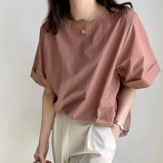 韩国chic 套头短袖圆领宽松简约衬衫
