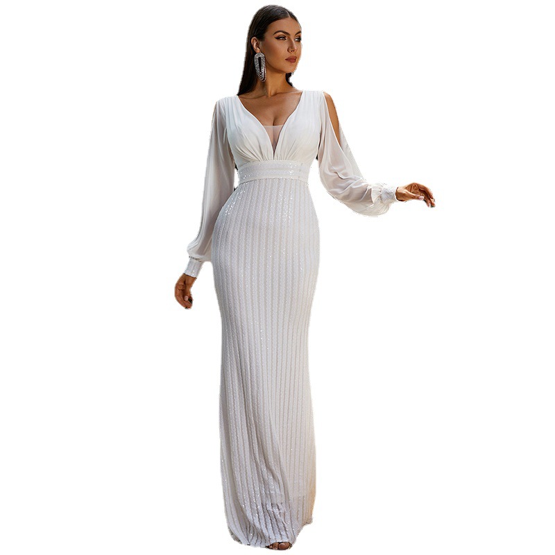 Europa y América transfronteriza V-cuello Hepburn estilo manga larga noble largo elegante señora Luz de lujo fishtail lentejuelas vestido de noche
