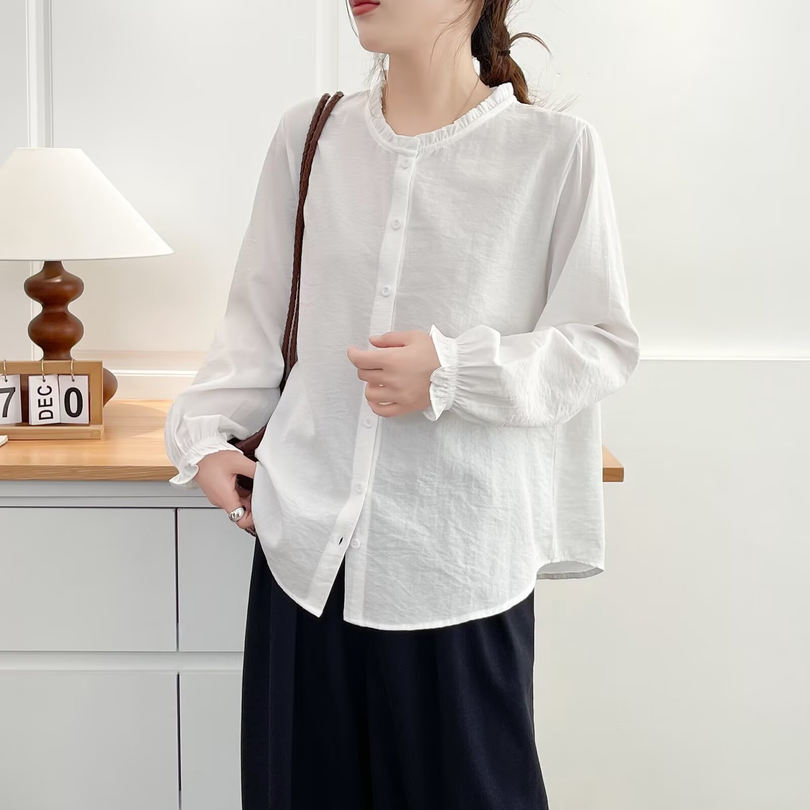 【Special】2026 Autumn New Large Size Women's Simple Elegant Lace Stand Collar Long Sleeve Shirt Casual Top 0749