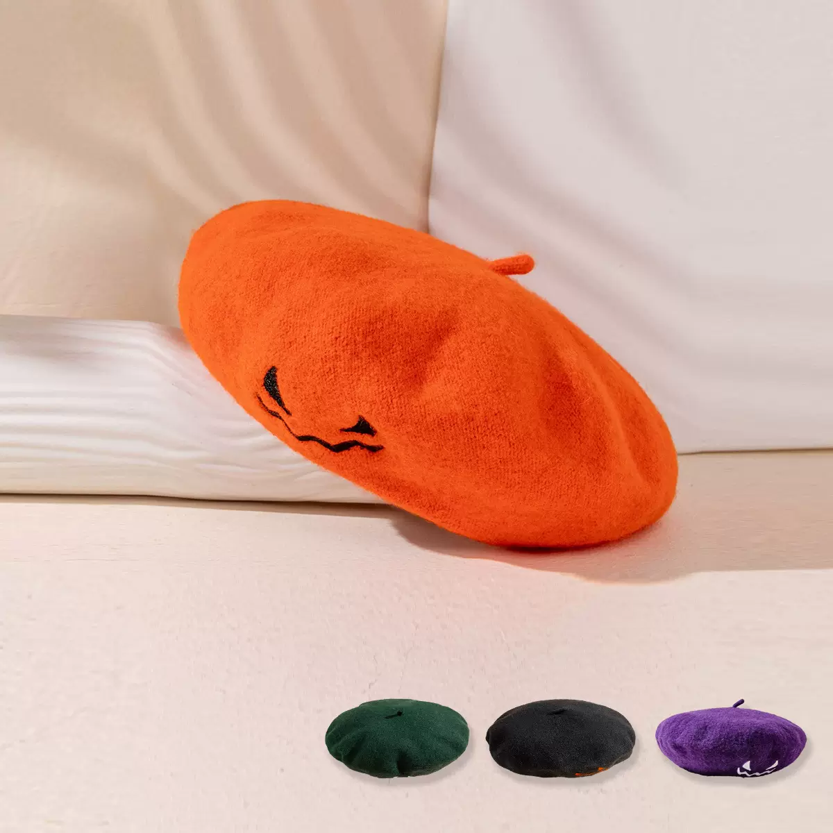 春秋女款百搭休闲针织帽刺绣鬼脸针织帽万圣节保暖流行日系针织帽