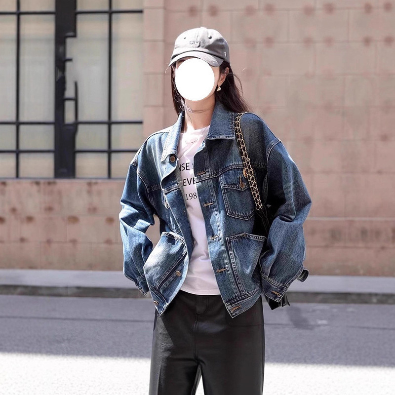 2025 Autumn New Loose Fit Trendy Turn-Down Collar Denim Washed Long Sleeve Pocket Retro Boyfriend Style Denim Jacket