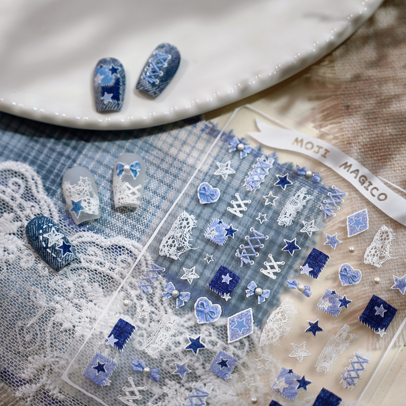 Tiesu New Denim Lace Star Nail Art Stickers Kx-481 Vintage Fresh Bow Tie Nail Stickers