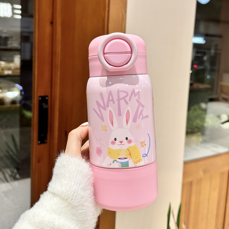 小さなミルク犬漫画子供用ダブルドリンクバウンシングストローウォーターカップハンドル付きポータブルカップステンレス鋼魔法瓶カップ|undefined