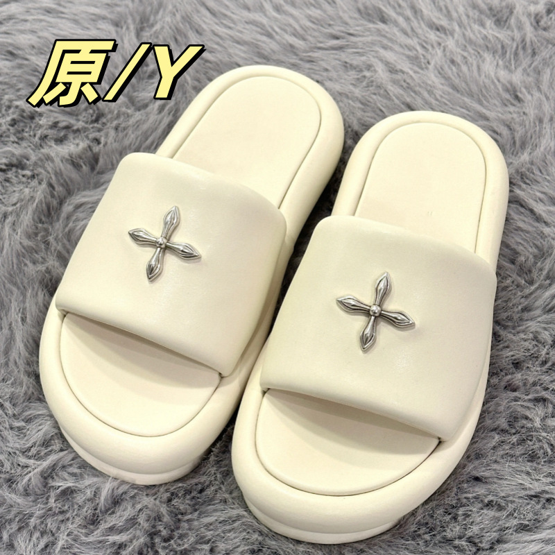 High Version 2025 New Thick-Soled 5cm Heightening Slippers Black Velvet Cross Slippers Leather Outer Wear Slippers for Women