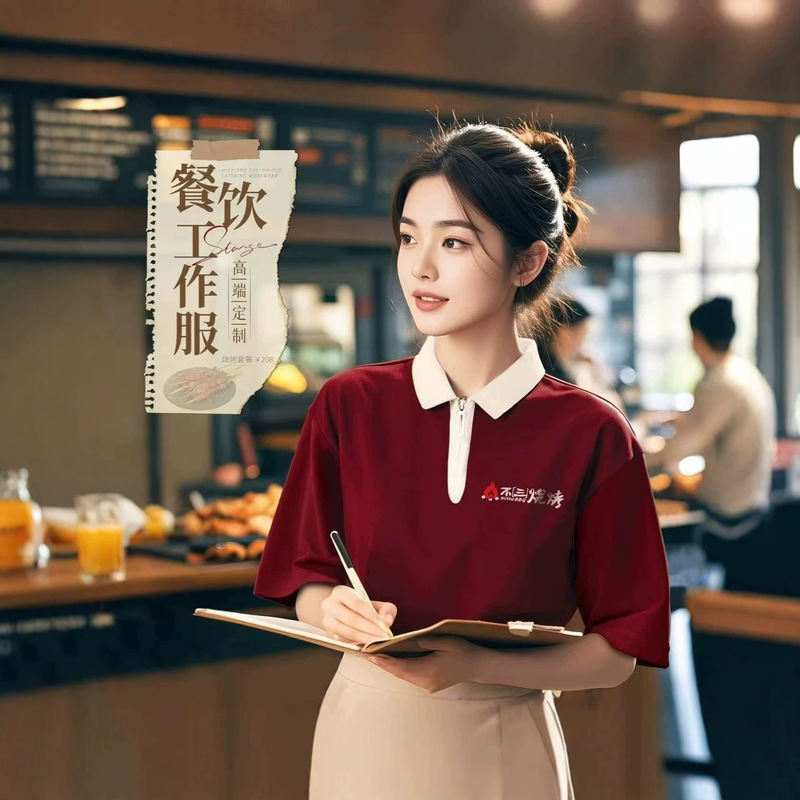 Custom half-zip polo shirt for catering workwear with printed logo, summer short-sleeve workwear for milk tea and coffee shop service Custom half-zip polo shirt for catering workwear with printed logo, summer short-sleeve workwear for milk tea and coffee shop service
