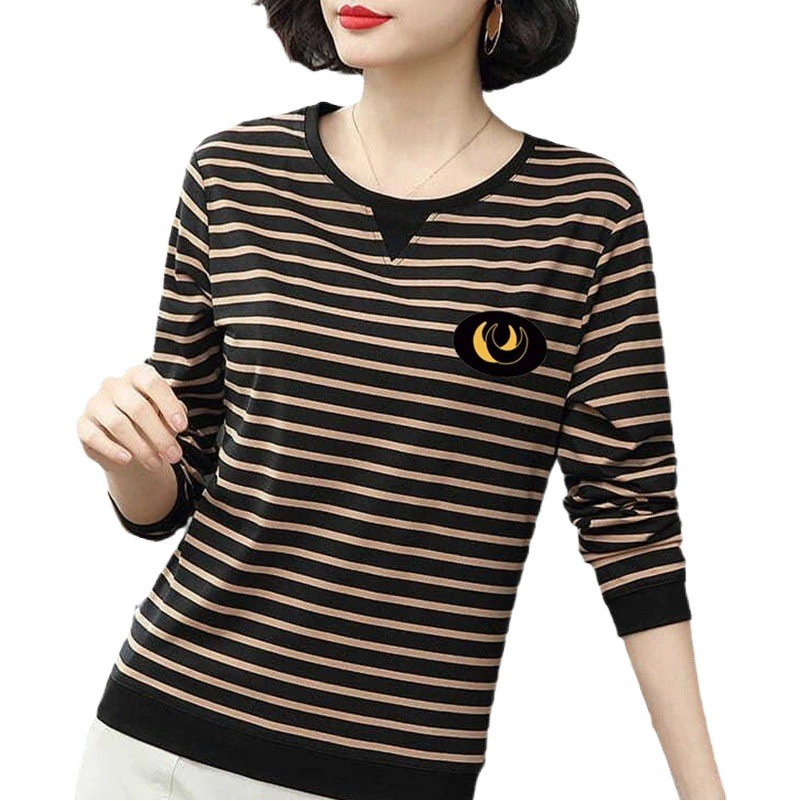 Женская полосатая футболка Весна и осень Новая Базовая рубашка Свободная футболка больших размеров Обтягивающая футболка для мам среднего возраста Топ больших размеров