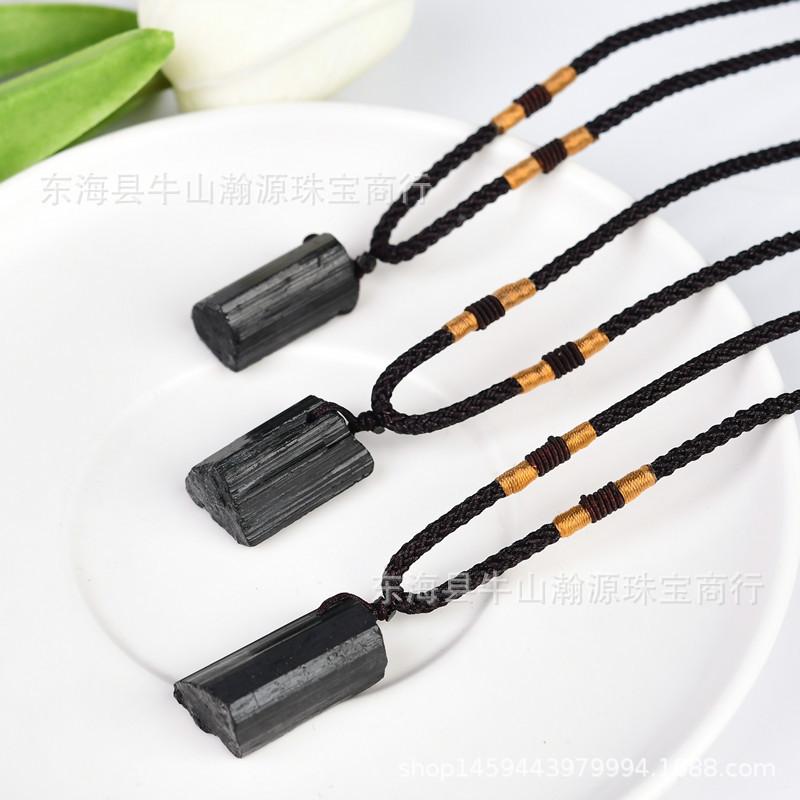 Cross-Border Hot-Selling Natural Black Tourmaline Raw Stone Pendant, Tourmaline Crystal Raw Stone Mineral Necklace Jewelry Pendant Wholesale