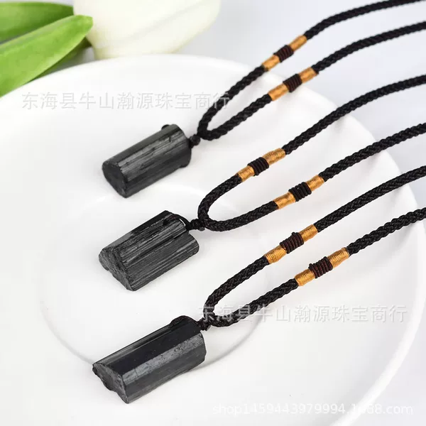 Cross-Border Hot-Selling Natural Black Tourmaline Raw Stone Pendant, Tourmaline Crystal Raw Stone Mineral Necklace Jewelry Pendant Wholesale