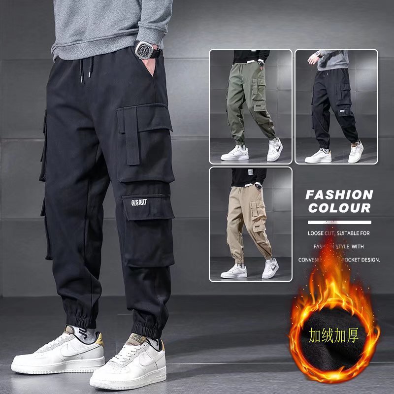 Men's Multi-Pocket Cargo Pants Autumn Winter Japanese Style Trendy Loose Versatile Jogger Pants Fleece-Lined Casual Pants