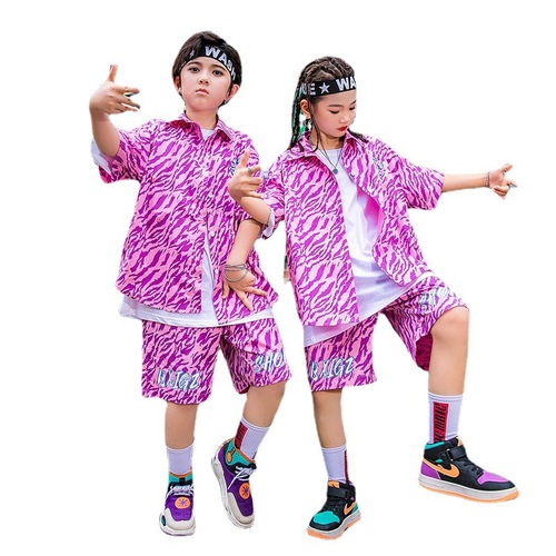 Children Rapper singer puple pink leopard jazz dance costumes for girls boys Hip hip street dance outfits boys short sleeve shirt girl jazz dance costumes hip-hop tide