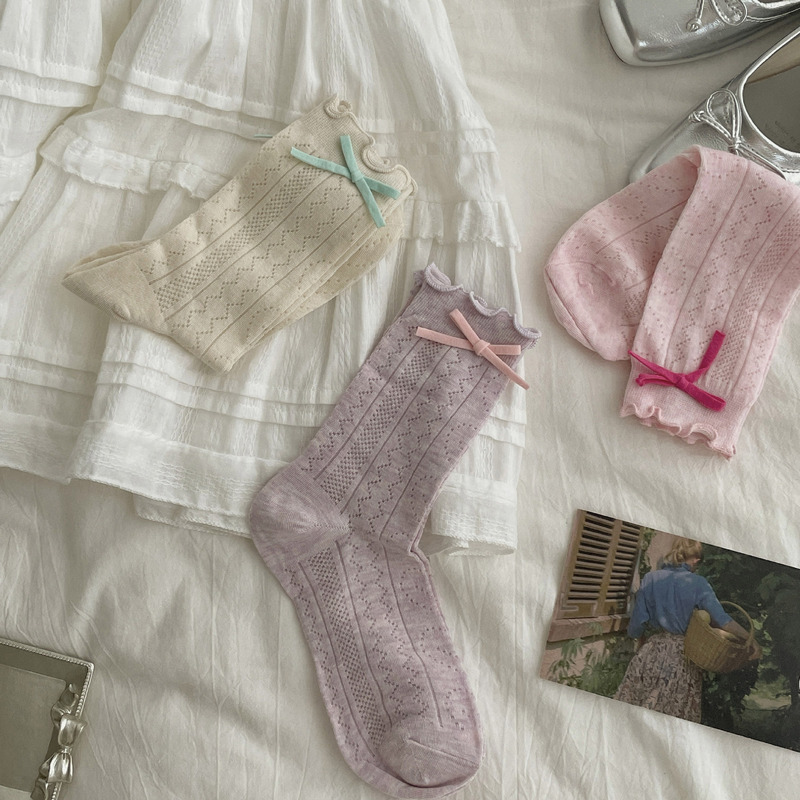 Atmosphere sense bow! Heart Hollow-out Stacking Socks for Children Lightweight Breathable Mid-tube Socks Sweet Lace Lolita