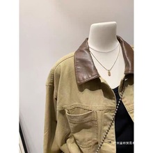 春秋季新款美式短款复古工装风拼接翻领重工系扣牛仔衣女外套夹克