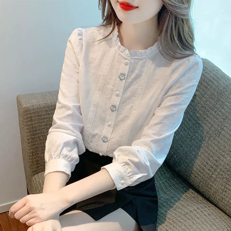 Высококачественная женская рубашка с воротником в виде грибка, весна-осень 2022, новый жаккардовый топ с вышивкой, свободная рубашка с длинными рукавами