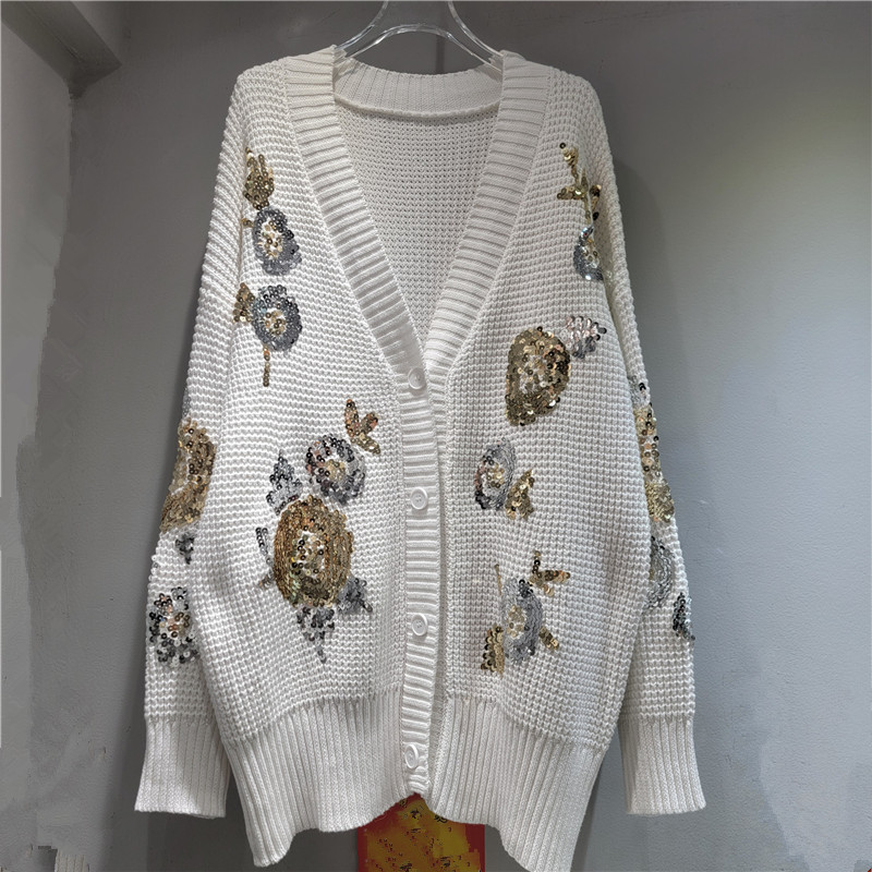 Diseño único de lentejas, cuerpo hermoso y pesado, diseño de flores, chaqueta de punto, cardigan para mujeres.