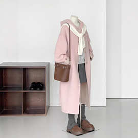 【游梦花境】粉色宽松简约百搭连帽长款保暖羊毛大衣新款