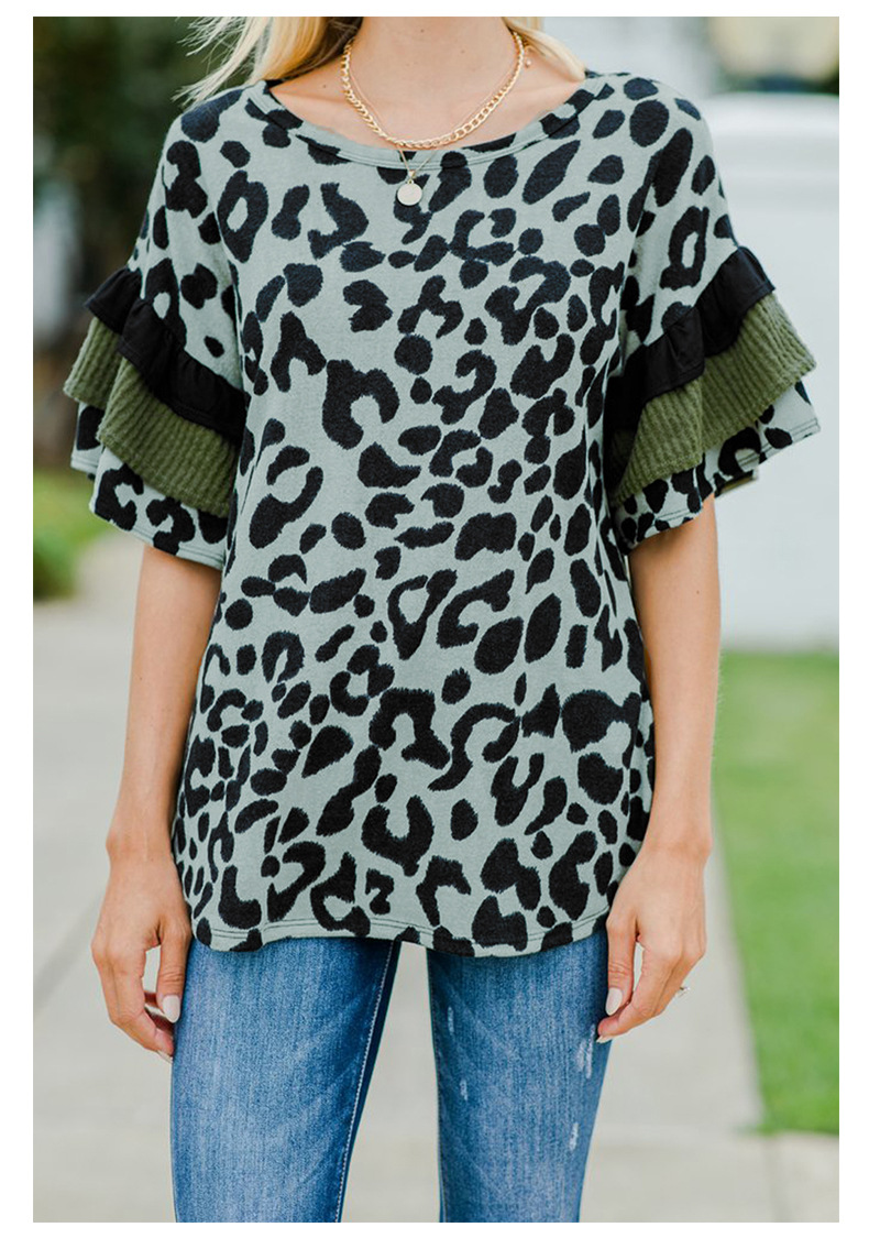 leopard print stitching lotus leaf sleeve t-shirt   NSSI50022