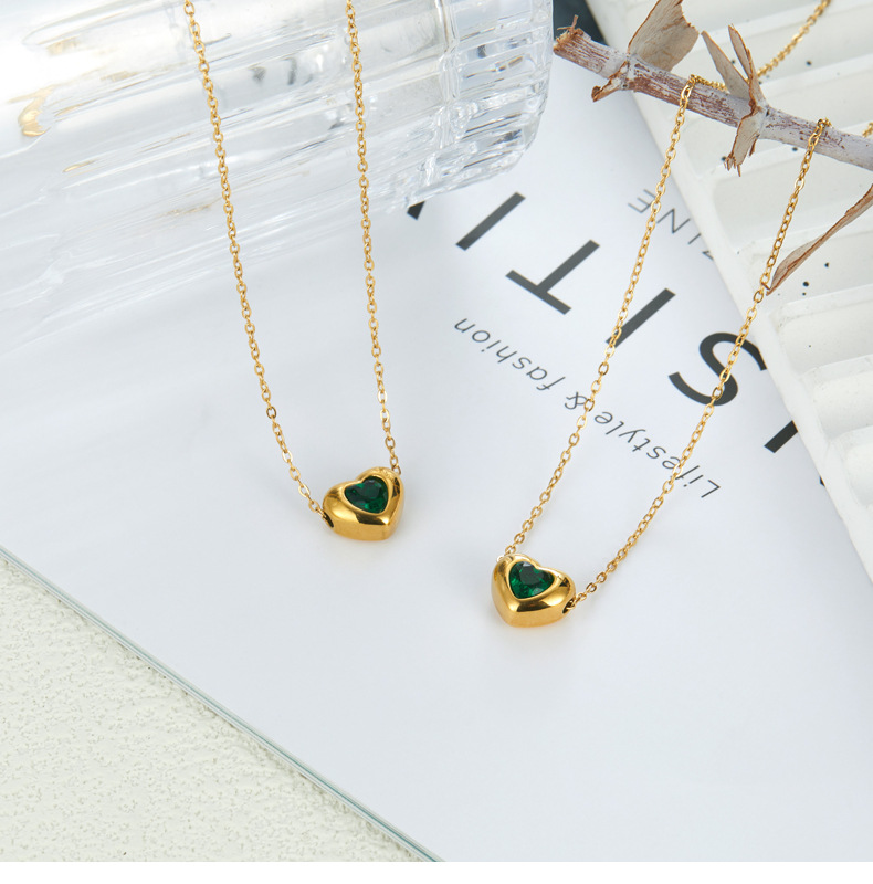 Japanese Style Heart Shape Titanium Steel Gold Plated Zircon Necklace 1 Piece