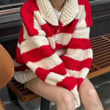 现货韩国小众潮牌八奶手工针织polo翻领复古条纹加厚粗针毛衣女