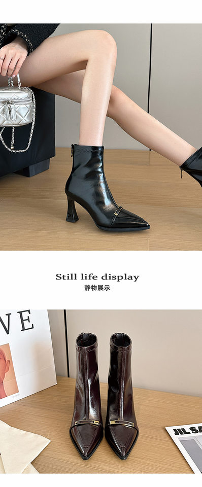 Bốt nữ cổ ngắn mũi nhọn gót cao 6–8 cm mặt bóng co giãn khóa kim loại khóa kéo sau — màu nâu, đen chi tiết 10