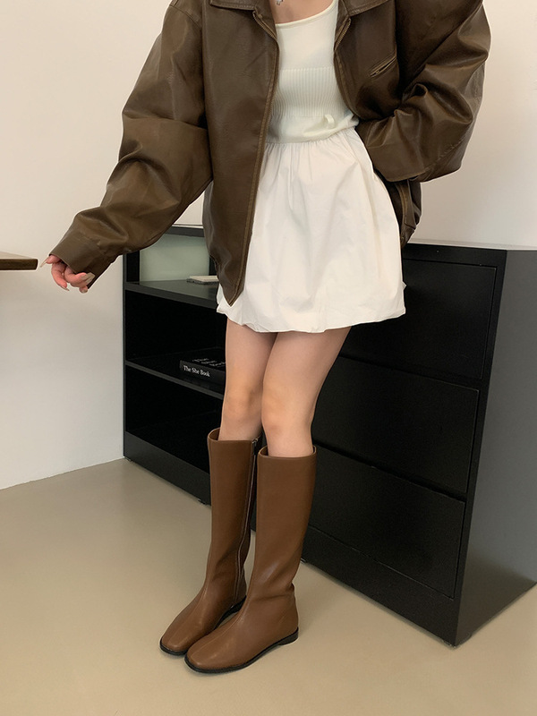 复古卡其色长筒靴女鞋2025秋冬新款不过膝圆头平底绒面高筒长靴女|undefined