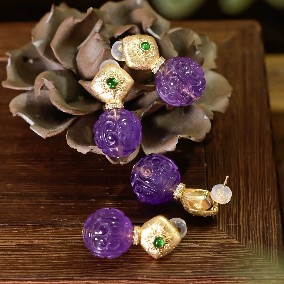  organically carved earrings with amethyst, silver 925 sample, simple and elegant design