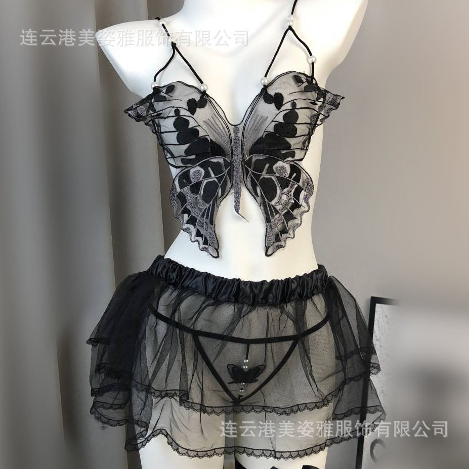 검은 침대 걸이 홀터 스트랩 qqny 나비 툴 투시 파자마 스파이스 소녀 섹시한 속옷 세트 순수한 욕망 속옷