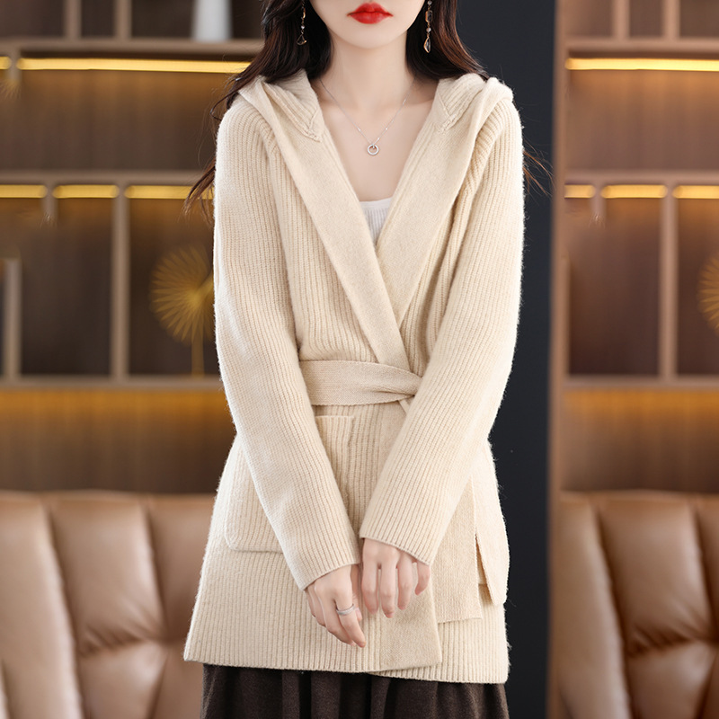 Spring and Autumn New Hooded Knitted Wool Cardigan for Women, Solid Color, Mid-Length, Loose Fit, with Large Pockets and Belt, Outerwear Hoodie