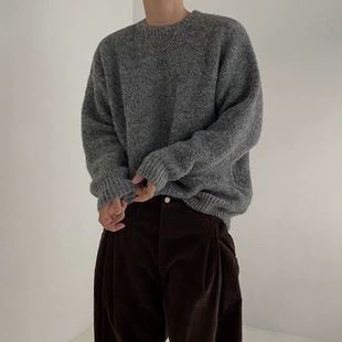 Мужской свитер oversize из пряжи, стиль Кореи, круглый ворот, демисезон осень
