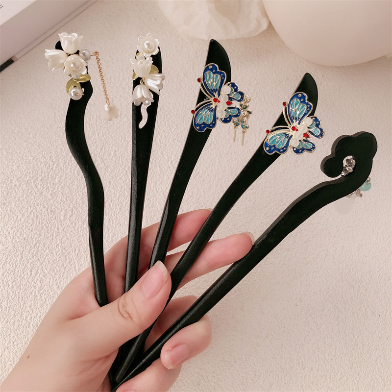 Nuevo clip de madera de estilo chino antiguo clip de cabello de orquídea de campana de estilo chino de alto nivel, vestido de caballo de flores, clip de cabello de cabello