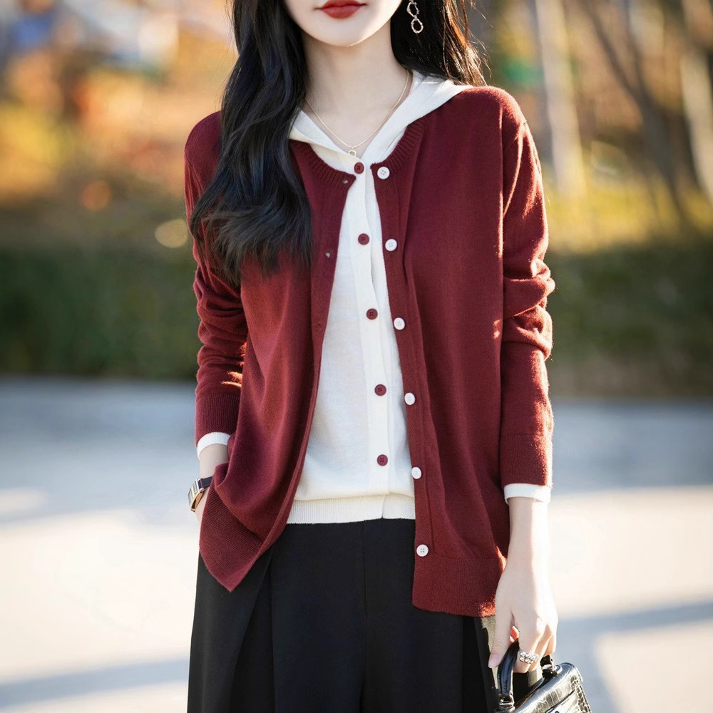 Contrast Color Fake Two-Piece Hooded Knitted Cardigan Women's Worsted Wool Casual Jacket Sweater New Versatile Color Matching Top