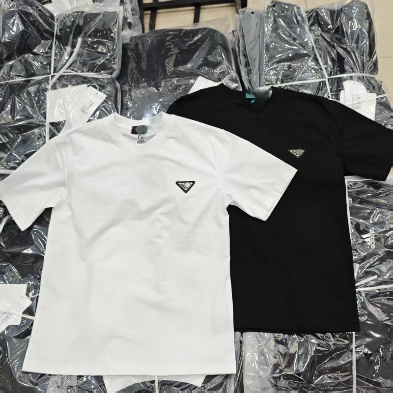 Cross-Border Pure Cotton Pujia 2025 Summer New Style High-End Version Short-Sleeve T-Shirt with Metal Triangle Logo for Men and Women
