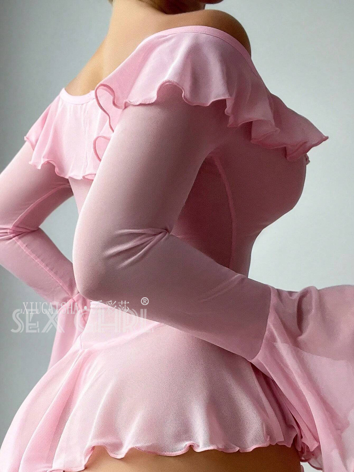 Off-Shoulder Bell-Sleeve Babydoll Lingerie Dress, Pink Mesh, XXL — detail image 17